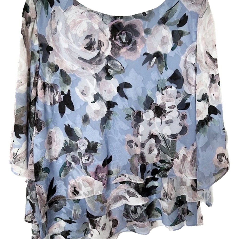Alex Evening tiered hem blue floral chiffon blouse L